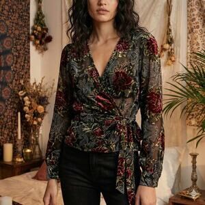 Zara Velvet Burnout Wrap Top Sheer Floral Paisley Whimsigoth Boho Fairygrunge S